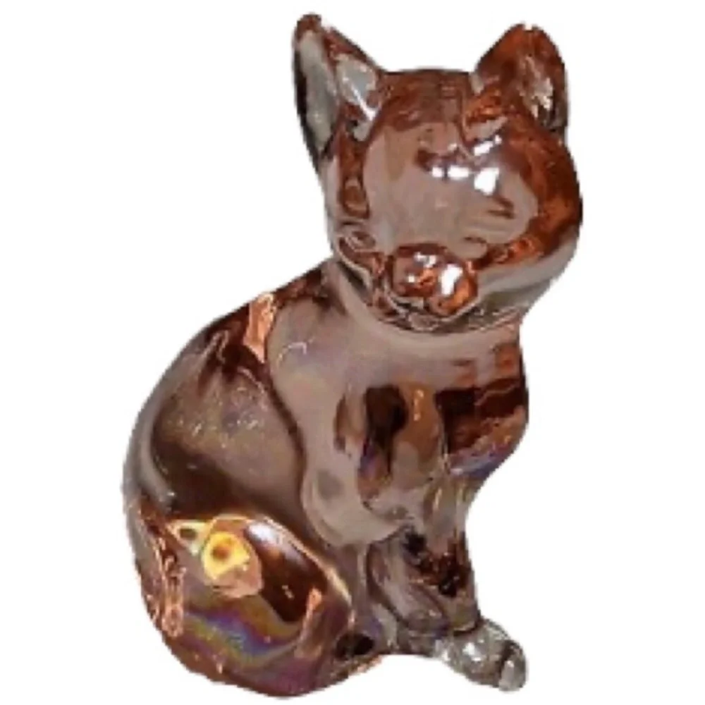 Vintage Fenton Iridescent Pink Glass Cat Kitten Collectible Decor Paperweight